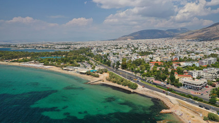 Aerial drone bird's eye view of famous seascape of Athens Riviera, Voula, Attica, Greece