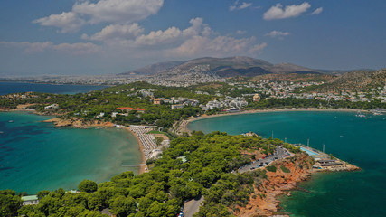 Naklejka premium Aerial drone photo from famous Astir or Asteras sandy beach in south Athens riviera, Vouliagmeni Peninsula, Greece