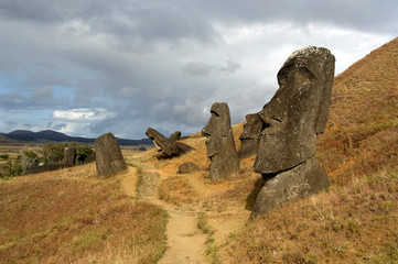 Chile, Easter Island (aka Rapa Nui). Rano Raraku, the main rock quarry for the great stone Moai.