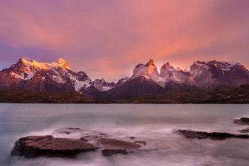 Cordillera del Paine. Gigantic granite monoliths. Cuernos del Paine. Torres del Paine National Park. Chile. South America. UNESCO biosphere.