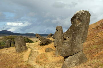 Chile, Easter Island (aka Rapa Nui). Rano Raraku, the main rock quarry for the great stone Moai.