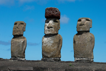 Chile, Easter Island, Hanga Nui. Rapa Nui National Park, Ahu Tongariki. Fifteen large moai statues on the largest ceremonial platform in all of Polynesia. Moai with pukao (headdress). UNESCO