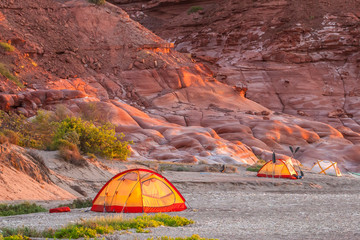 Mexico, Baja California Sur, Isla San Jose. Tents on beach camp. Credit as: Cathy and Gordon Illg /...