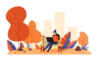 A girl sits on a bench in an autumn park and works at a laptop. Trend colors. Vector illustration in cartoon flat style on a white background. 