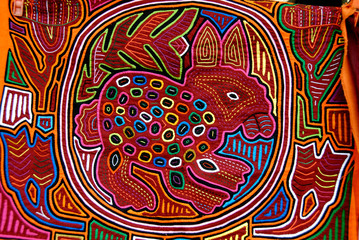Central America, Panama, San Blas Islands (aka Kuna Yala). Colorful hand stitched mola made by the Kuna Indians, detail.