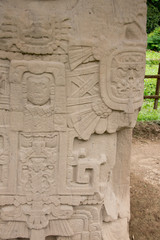 Guatemala, Quirigua National Park. Grande Plaza, detail of highly carved stone stelae.
