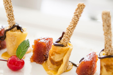 Peru, Chiclayo. Caramel and guava dessert in Chiclayo, Peru.