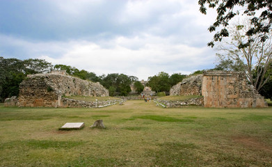North America, Mexico, Yucatan, Uxmal. Looking east through the Ball Court or Juego de Pelota to the Nunnery