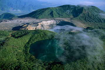 Costa Rica, Volcan Poas National Park, aerial of Poas volcano crater.