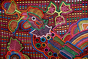 Central America, Panama, San Blas Islands (aka Kuna Yala). Colorful hand stitched mola made by the Kuna Indians, detail. - obrazy, fototapety, plakaty