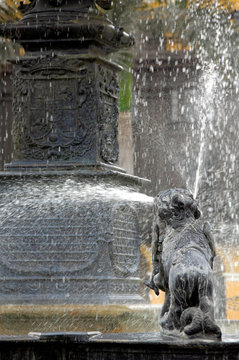 Peru, Lima. 17th century bronze fountain in the center of Plaza de Armas (aka Palza Mayor).