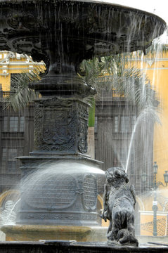 Peru, Lima. 17th century bronze fountain in the center of Plaza de Armas (aka Palza Mayor).