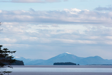 US, Alaska, Ketchikan, Calm scenic across Tongass Narrows from Revillagigedo Island to Taigas Mountain on Annette Island.