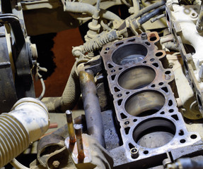 The cylinder block of the four-cylinder engine. Disassembled mot