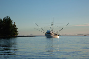 USA, Southeastern Alaska near Ketchikan. Troller at sunset.