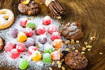 candies and cookies with icing sugar