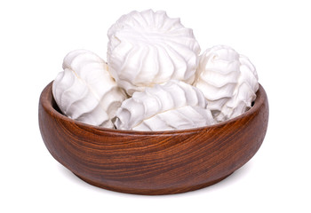 White zefir in wooden bowl. Traditional russian dish like marshmallow