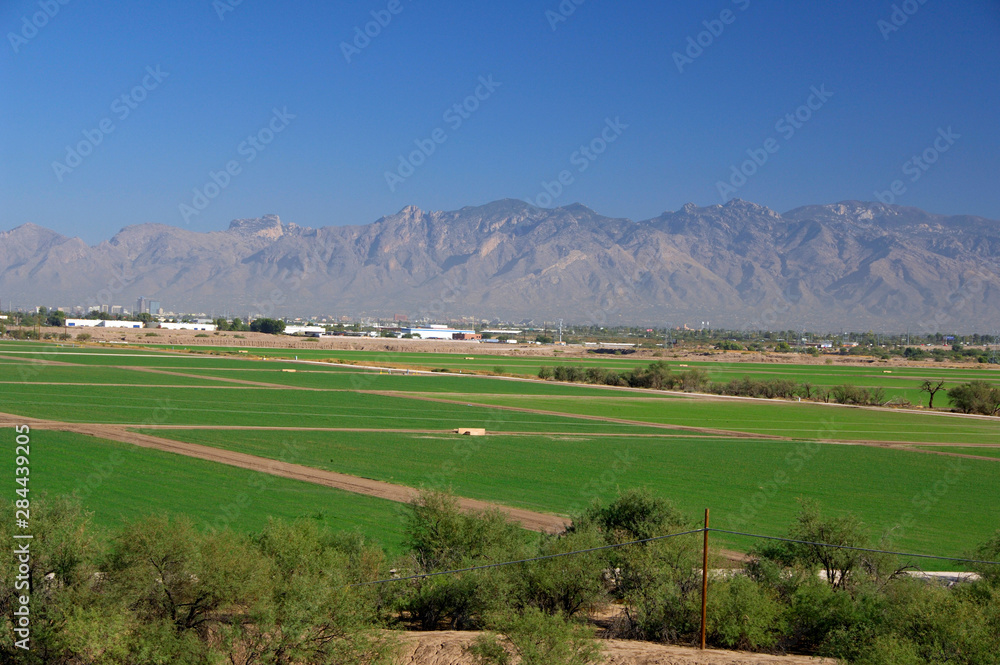 Sticker USA, Arizona, Tucson. Overview of Tucson from Mission San Xavier del Bac (aka White Dove of the Desert).