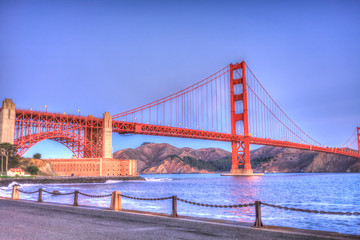 San Francisco Golden Gate Bridge from For Point Wharf at sunrise, San Francisco, California, USA