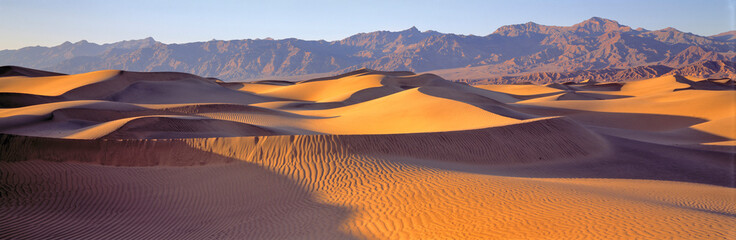 USA, California, Death Valley NP. Late afternoon light creates dramatic patterns in the sand dunes...