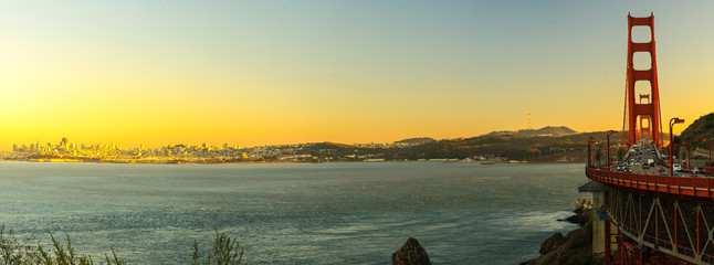 View of San Francisco waterfront skyline near Golden Gate Bridge, Central California Coast, USA
