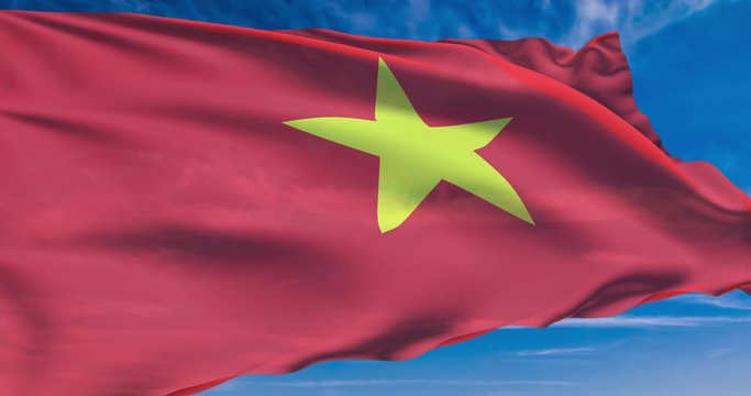 flag of Vietnam with fabric structure against a cloudy sky (loopable)