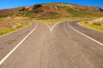 Forked road near Balandra Bay, Sea of Cortez, near La Paz, Baja California, Mexico
