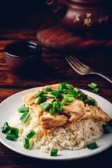 Japanese dish. Rice with scrambled eggs, chicken and green onion