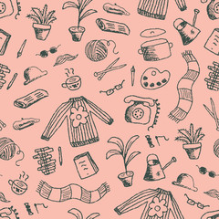Grandparents Day seamless repeat pattern. Cute handmade doodle illustration in retro style with home essentials from our grandfather and grandmother. In pink and green for gift wrap and backgrounds