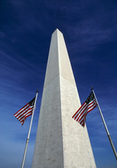 USA, District of Columbia. Waving American flags accent the stately Washington Monument, Washington, DC.