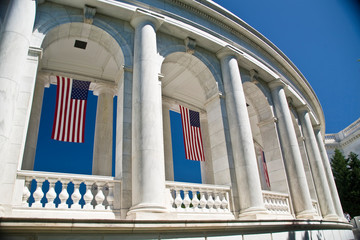 USA, VA, Arlington. American Flags are hung around the Ampitheater located adjacent to the Tomb of...