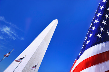 USA, Washington, DC. Digital composite of Washington Monument and the American flag. 