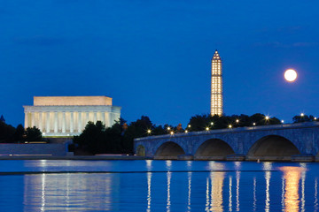 USA, District of Columbia, Washington, Moon Rising Over the Memorial Bridge and the Lincoln Memorial,