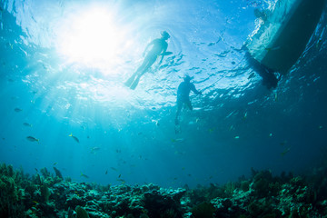 Underwater photograph looking up toward a boat and snorkelers on the surface with sunrays in background and coral reef in foreground.