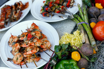 Grilled shrimp and skewers ready to eat, South Beach, Miami, Florida.