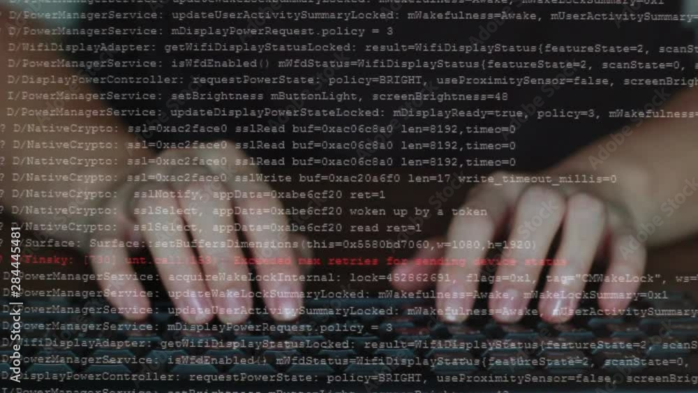 Poster woman female developer is typing programming software script source code on keyboard overlay with gl