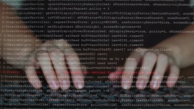 Woman female developer is typing programming software script source code on keyboard overlay with glowing moving lines of texts (Front view). For SDLC, hi tech background or intro clip