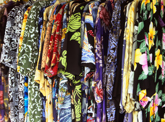 Colorful aloha shirts in quaint Honomu on Hawaii, the Big Island, in Hawaii.