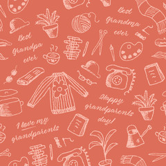 Grandparents Day seamless repeat pattern. Cute handmade doodle illustration in retro style with home essentials from our grandfather and grandmother. With text in english for gift wrap and backgrounds