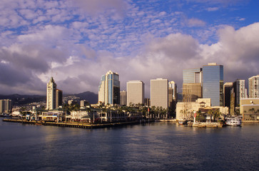 Fototapeta na wymiar Famed Aloha Tower is a hallmark at Honolulu harbor.