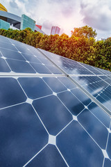 Ecological energy renewable solar panel plant with urban landscape landmarks