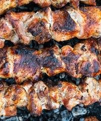 Frying pork on a skewer over a brazier. Turning meat over coals. Appetizing shish kebab.