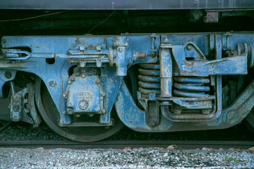 Fototapeta na wymiar Close up of train wheels, Lincoln, Illinois, USA. Route 66
