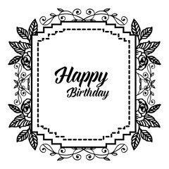 Beautiful wreath frame, happy birthday lettering, design of various card. Vector