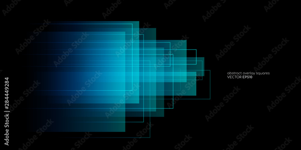 Poster Abstract geometric rectangle shapes and lines transparent overlay with blue and green light colors isolated on black background. Vector illustration in concept innovation, technology, digital.