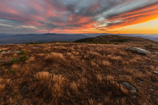 Sunset on the Appalachian Trail on Saddleback Mountain in Maine's High Peaks Region.