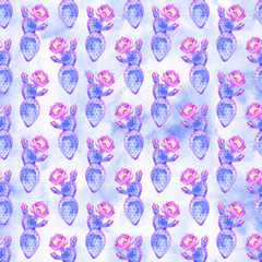Watercolor hand drawn exotic botany blue cactuses illustration seamless pattern isolated on white background
