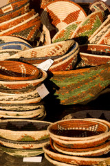 NA, USA, New Mexico, Santa Fe, Plaza, Decorative woven baskets on display 