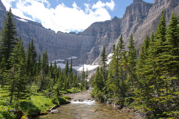 Fototapeta na wymiar US, MT, Glacier National Park. Iceberg Lake trail in Many Glacier area of park. Picturesque stream that flows from lake lined with wildflowers and conifers