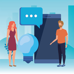 young couple with smartphone characters